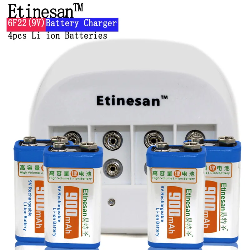 

4 pcs ETINESAN 9v SUPER BIG 900mAh li-ion lithium Rechargeable 9 Volt Battery with Dedicated 4 slots 9v charger Hurry to act