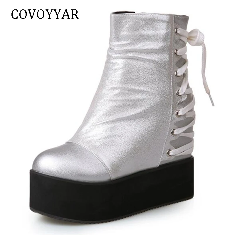 Skup COVOYYAR 2019 ukryte kliny botki moda platforma boczne zamki damskie buty skrzyżowane na plecach wiązane czarne srebrne buty WBS1121