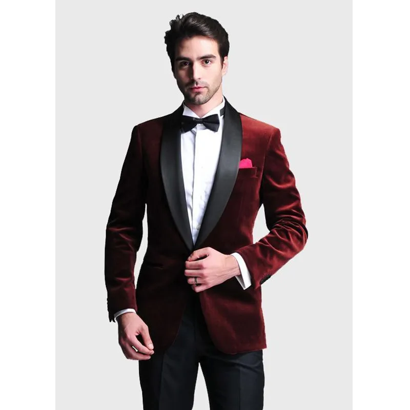 Custom Made Men's Wedding Suits Wine Red Velvet Jacket