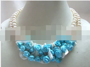 

0002589 2 strand 7-8mm white freshwater pearl flower turquoise Cluster necklace