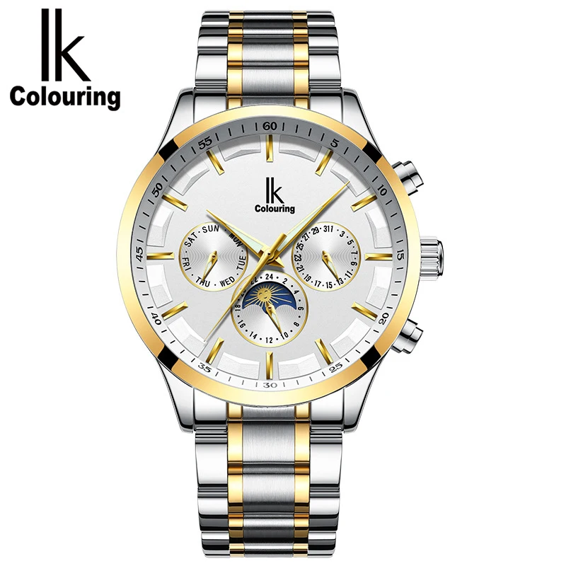 

IK Colouring Automatic Luxury Luminous Moon Phase Date Men's Gold Week Display Skeleton Leather Mechanical Original Box Watch