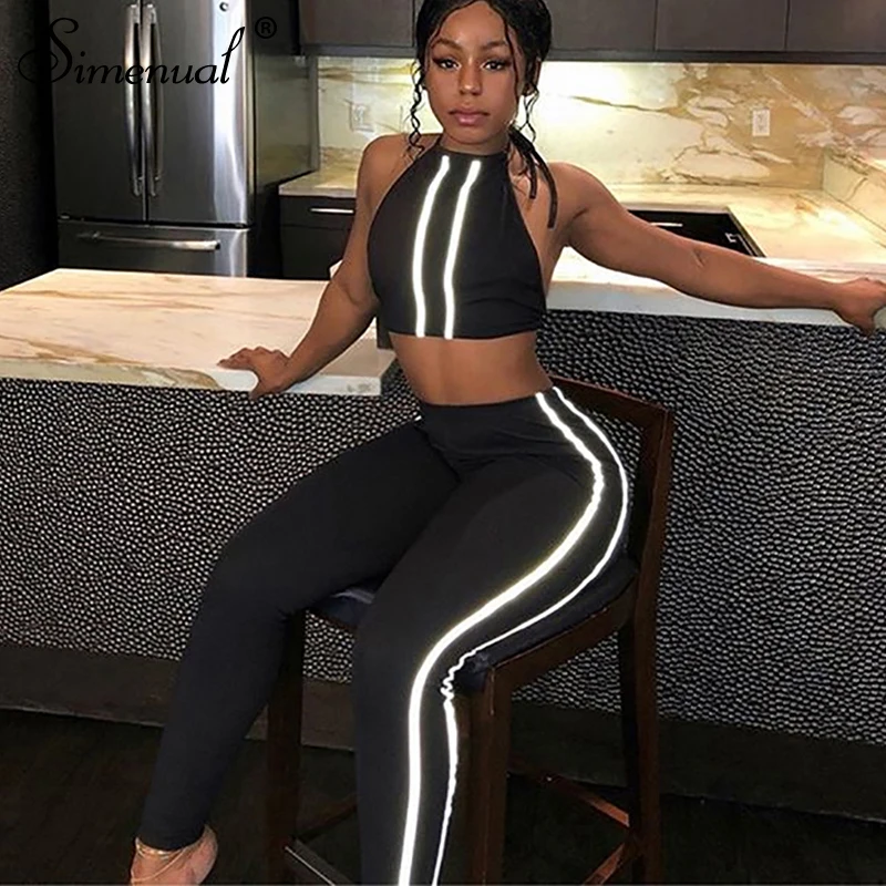 

Simenual Reflective Striped Casual Women Matching Sets Sporty Active Wear Workout Two Piece Tracksuits Tank Top And Leggings Set