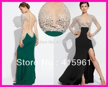 2014 Sexy Black Green See Through Crystal Women Long Evening Dress Gowns With Long Sleeves E5347 2014 Sexy Black Green See Through Crystal Women Long Evening Dress Gowns With Long Sleeves E5347