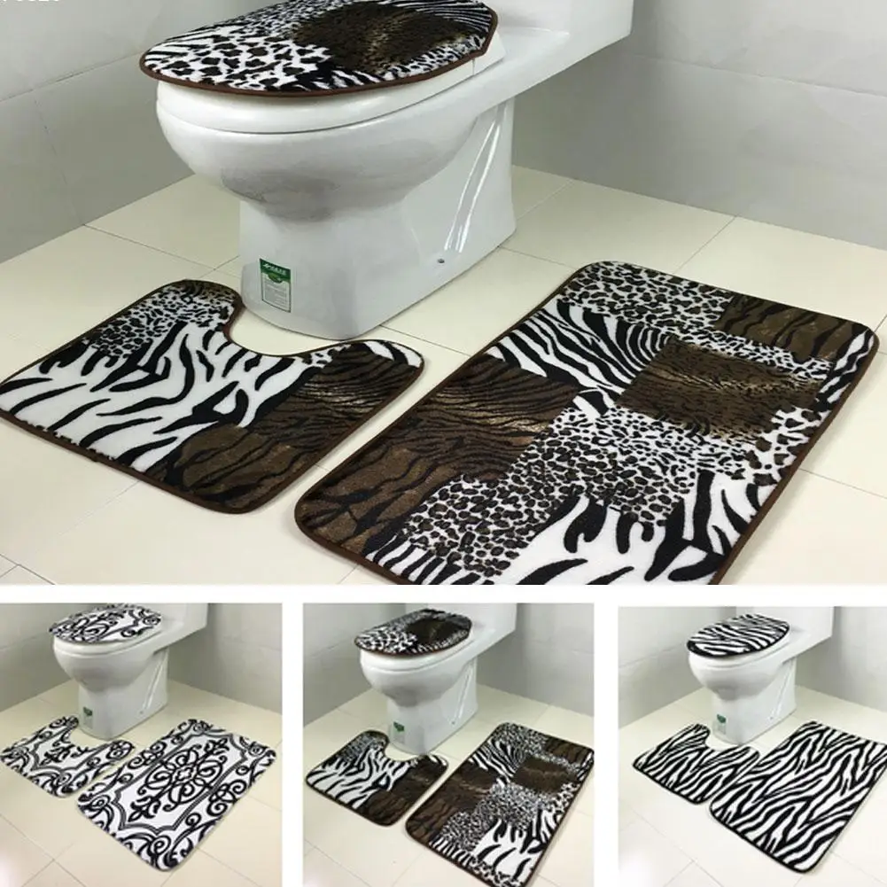 3PC/Set Leopard Tiger Toilet Bathroom Mat Water Skid Carpet 3 Sets Anti