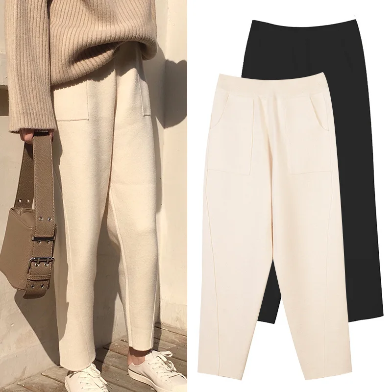 

New winter temperament all-match solid cone type thin waist pants feet Haren knitted pants