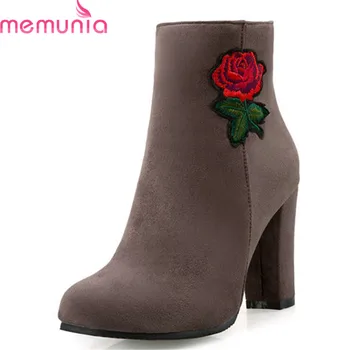 

MEMUNIA 2020 hot sale ankle boots women round toe high heels booties elegant autumn winter boots flock zipper dress shoes woman