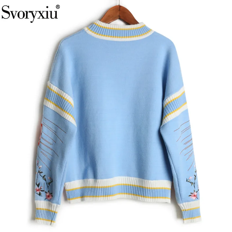 Svoryxiu 2018 Runway luxury Winter Knitting Pullovers Women's High Quality Floral Crown Embroidery Casual Loose Blue Sweater