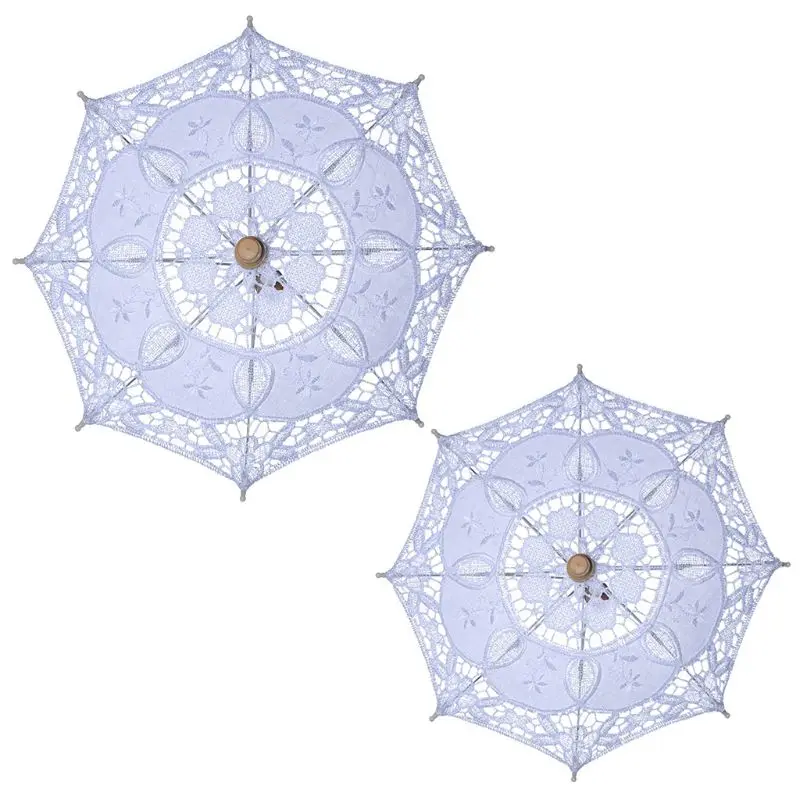 

Manual Opening Wedding Bridal Parasol Umbrella Hollow Out Embroidery Lace Solid White Color Romantic Photo Props With Wood Hand