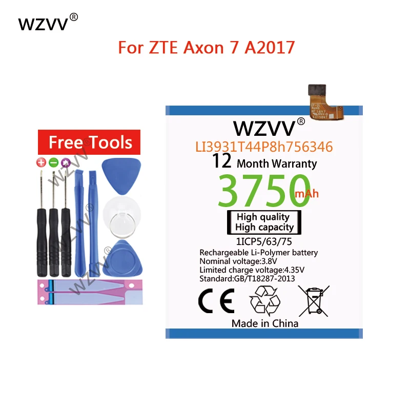 

wzvv 3750mAh Li-Polymer Battery LI3931T44P8h756346 For ZTE A2017U Axon 7 Axon 7s Axon 8 Blade V8 Pro Z978 Z971 Grand X4 Z956