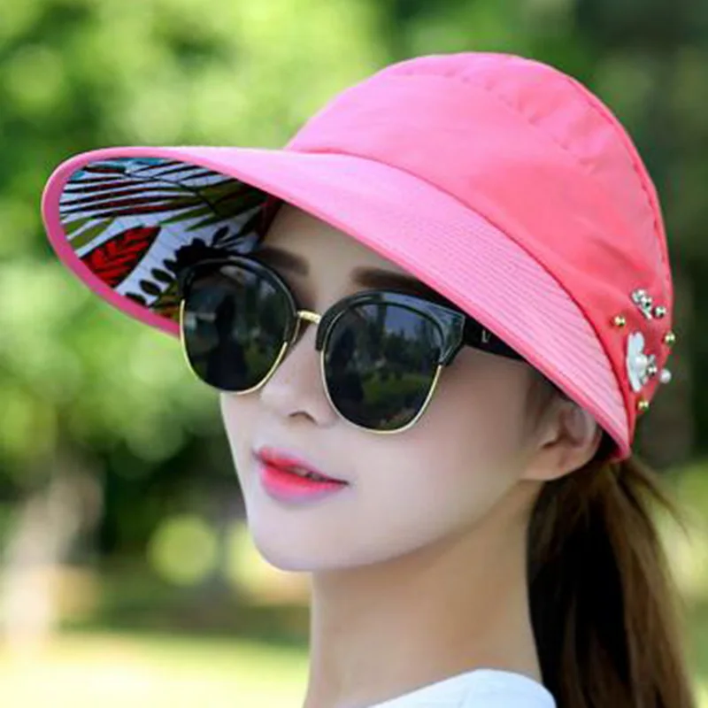 Новые летние пляжные женские солнцезащитные шляпы для защиты от УФ-лучей жемчужные Упакованные солнцезащитные козырьки шляпа с большими головками широкие полями женская шапка Горячая
