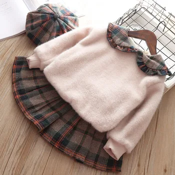 

Kids Clothes Set For Girls Toddler Baby Girl Clothes Sweatshirt+Plaid Skirt Set Autumn Winter Girls Children School Clothing Hat