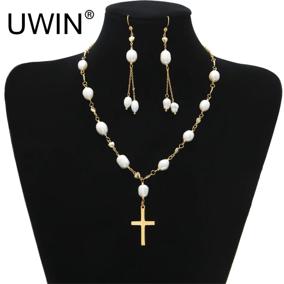 

Women Fashion Pearl Jewelry Set Stainless steel Chain White Real Natural Freshwater Pearl Cross Necklace Bracelet Earring Set