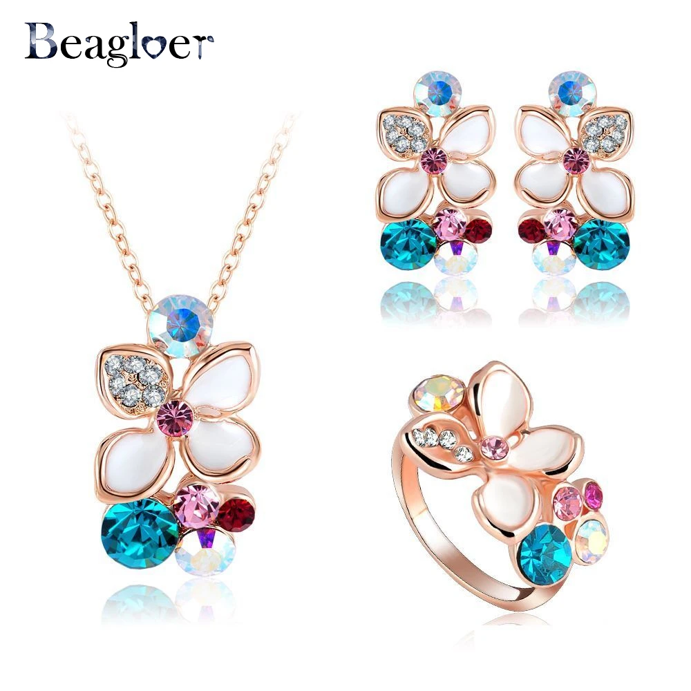 Beagloer New Brand Enamel Flower Bridal Jewelry Set Rose Gold Plated Top Quality Pendant/Earring/Ring Set Wholesale ST0015