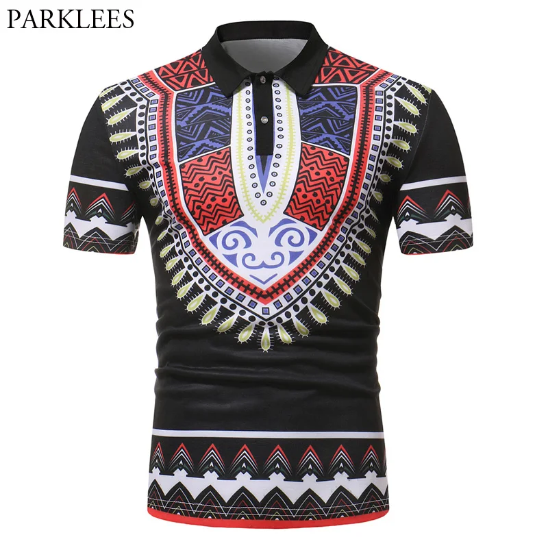 Mens Hipster Short Sleeve Polo Shirt Men African Print Dashiki Polo