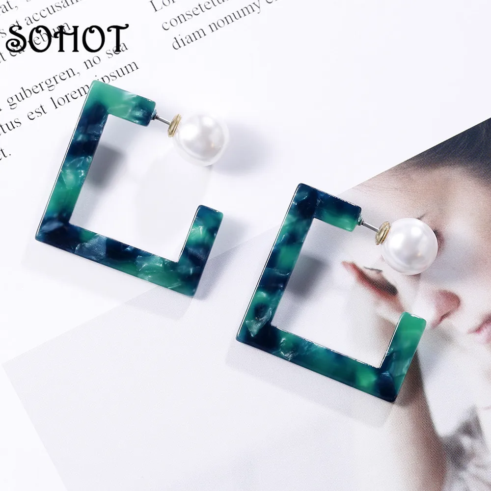 

SOHOT Trendy Temperament Elegant Princess Square Acrylic Stud Earrings Exquisited Green Marble Pattern Women Jewely Bijoux Gift
