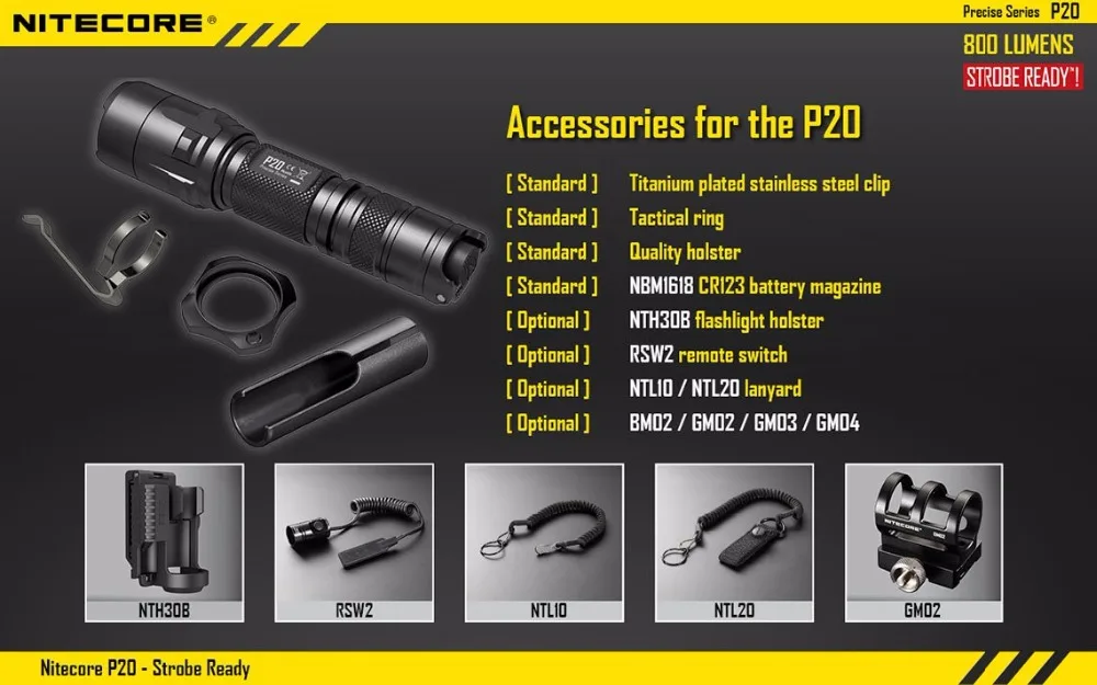 NITECORE P20 фонарик CREE XM-L2(U2) светодиодный Макс. 800 лм луч двойной переключатель задний светодиодный фонарь для спорта на открытом воздухе+ NITECORE NTH30B