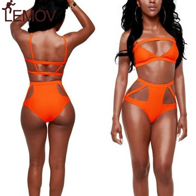 

LEMOV Sexy Solid Orange Bikinis Belt Low Waist Wire Free Swimsuit High-quality Polyester Nylon 2 Piece Bathing Suit Women