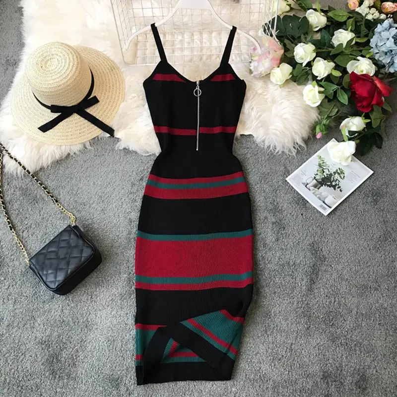 

Striped Cotton Knitted Women's Midi Dress Office Lady Spaghetti Strap V-Neck Female Bodycon Dresses Summer Party Print Vestidos