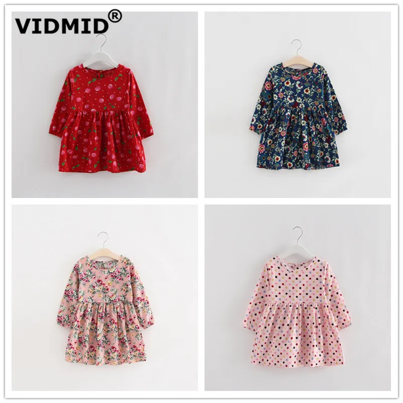 VIDMID/платья с длинными рукавами для маленьких девочек Детская Хлопковая одежда с цветочным принтом, платья для маленьких девочек 3-7 лет, детские платья, одежда