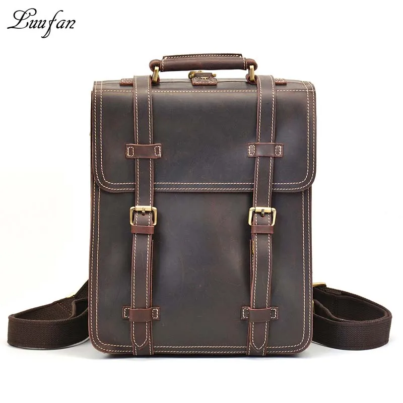 Мужской рюкзак из натуральной кожи, 14 дюймов, сумка для ноутбука, Crazy horse, кожаная деловая сумка-тоут, 2 использования, коровья кожа, рюкзак, сумка для выходных - Цвет: Dark brown 1