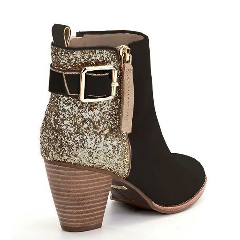 Tangnest/женские ботильоны на толстом каблуке; разноцветная обувь для вечеринок из флока с блестящей молнией; зимние классические свадебные ботиночки; XWX7165 - Цвет: black