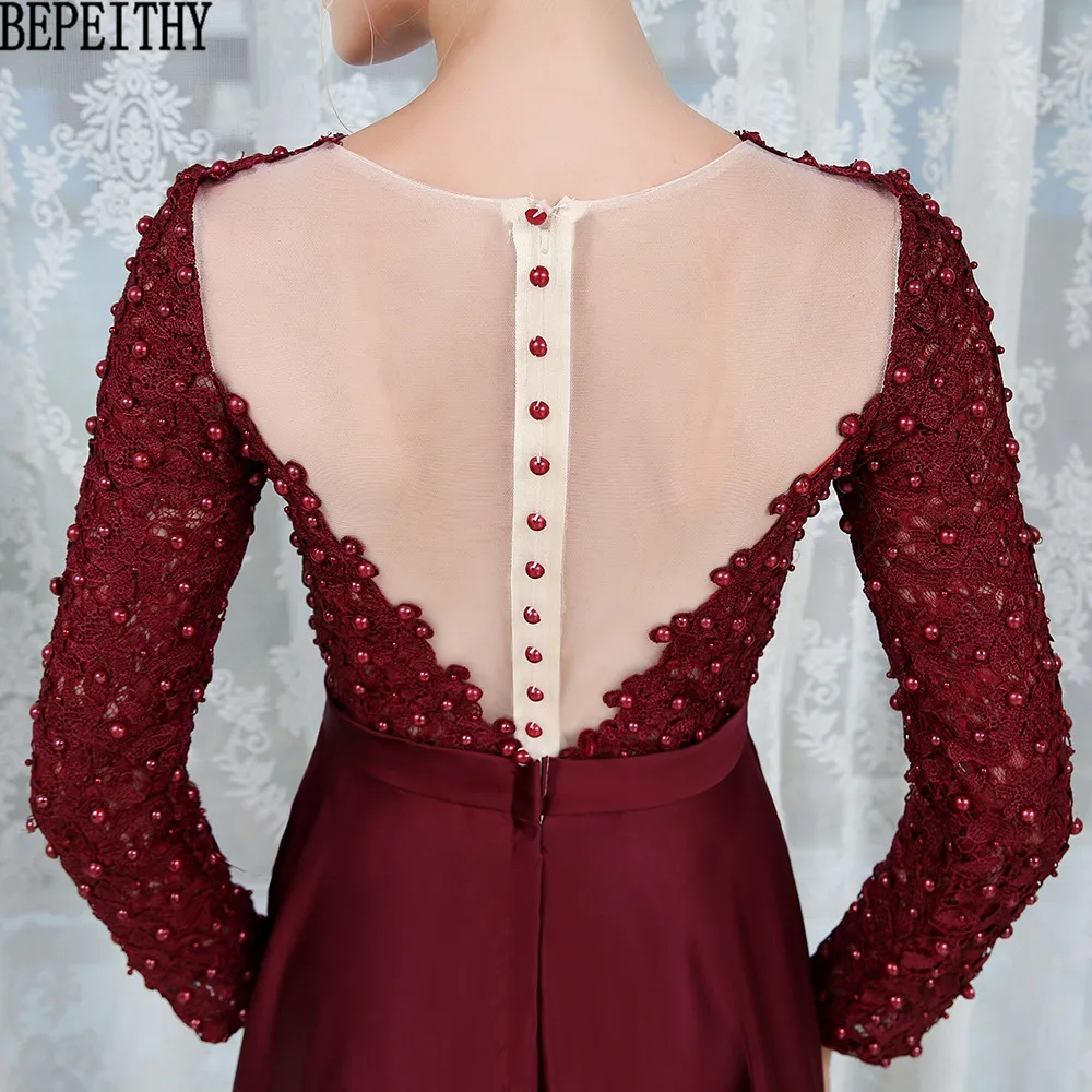 BEPEITHY Robe De Soiree аппликации кружева с длинным рукавом платье для выпускного вечера Бургундия Атласное Вечернее платье vestido de festa Longo