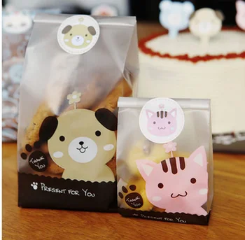 

50pcs Cute Cat and Dog Self Adhesive Plastic Packing Bags DIY Candy Cookie Biscuits Snack Bag for Home Wedding Party Gift Bag