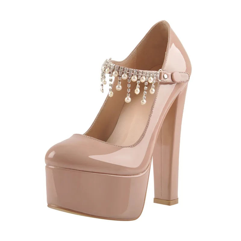 Women 2019 summer Mary Jane Platform Pumps Ankle Strap thick 15~16cm Round Heel High Heels Dress Buckle Shoes large size US15