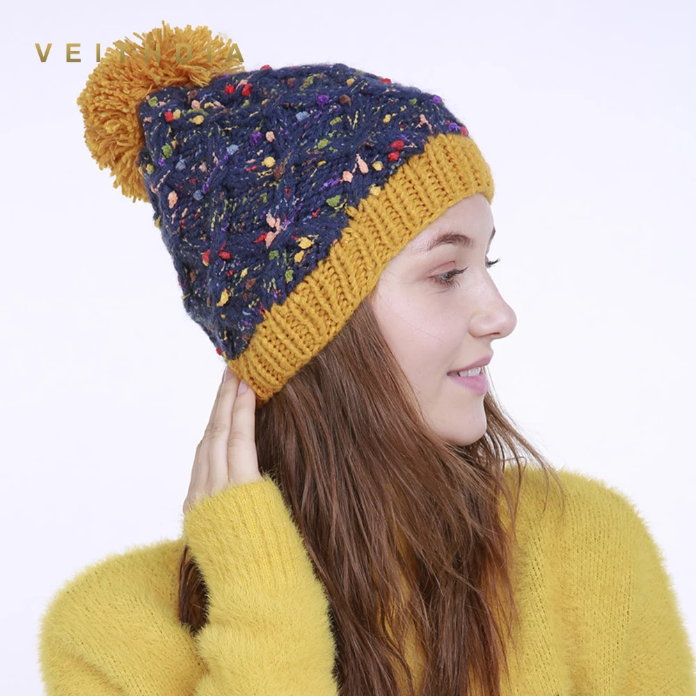 

VEITHDIA Handmade Autumn Winter Knitted Floral stitching Hat Women Caps Bonnet Warm Baggy Winter Hats For Girls Skullies Beanies