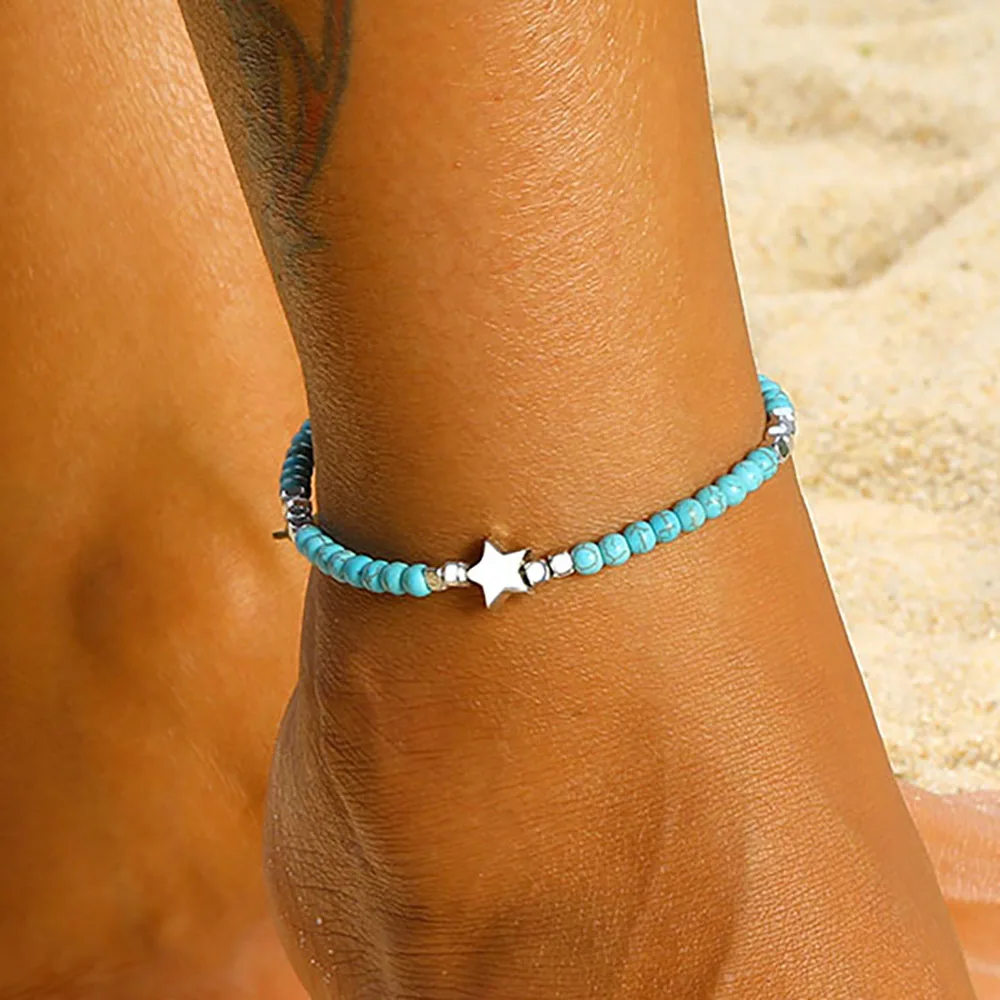 

Bohemia Stars Natural Stone Pentagram Anklet For Women Cotton Tape Bracelet on the Leg Strap Girls Summer Anklets Foot Jewelry