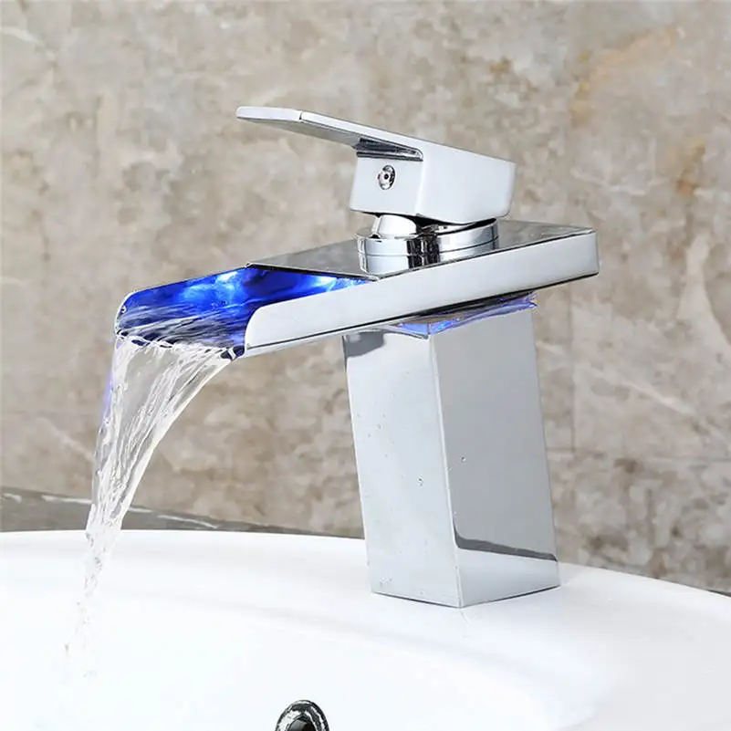 Bathroom LED Light Basin Sink Faucet Deck Mount Waterfall Brass Vessel