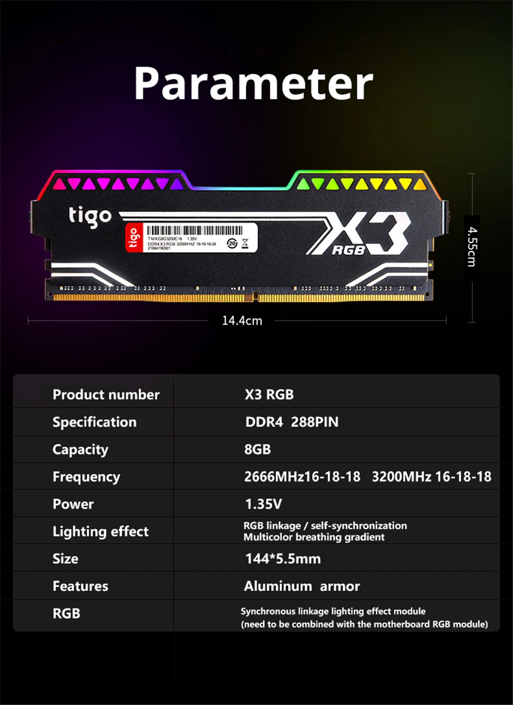 Tigo ram ddr4 8GB X3 игровая память RGB светодиодный светильник PC 3200MHz 3000MHZ для рабочего стола XMP 2,0 Overclock Memoria