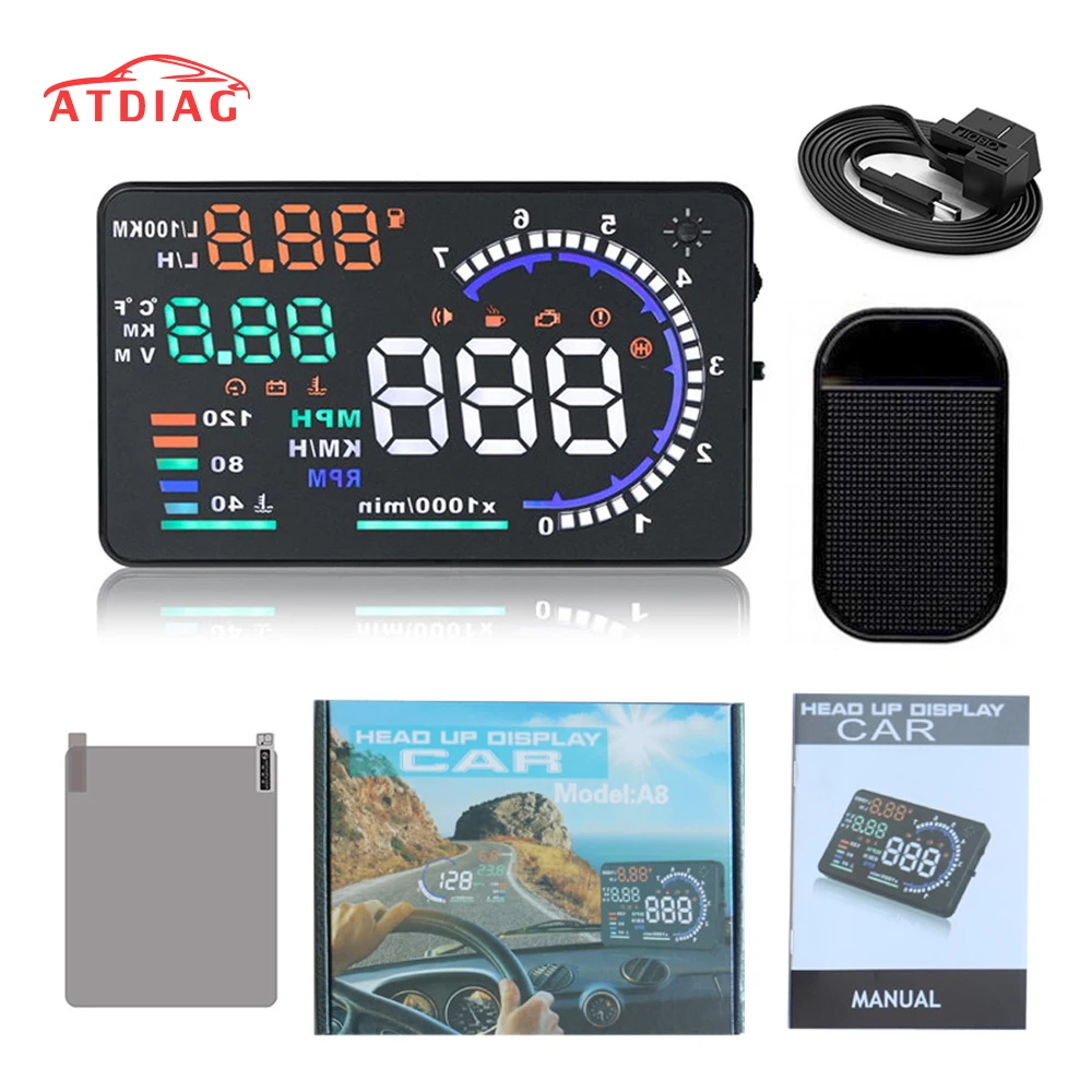 

Head Up Display HUD A8 5.5 inch Auto HUD Display HUD A8 OBD2 Interface Speed Alarm Multi-color