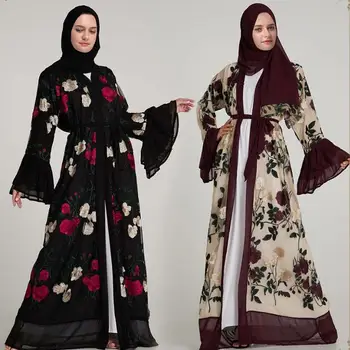 

Adult Muslim silk fabric embroidery abayas fashion dubai islamic flare sleeve abayas wq820 prayer service clothing dropship