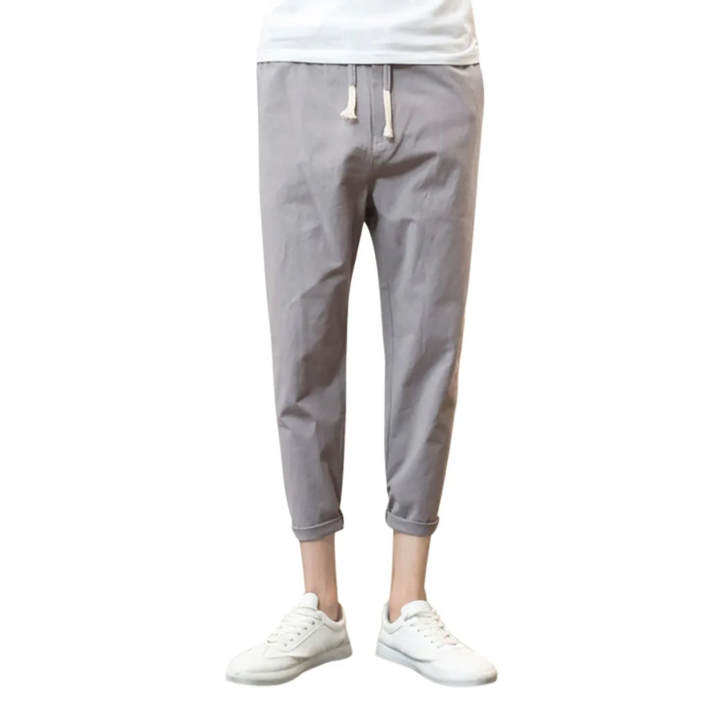 Летние мужские брюки шаровары летние резинка на талии свободные шаровары широкие хлопковые и льняные свободные капри брюки W620 - Цвет: Gray