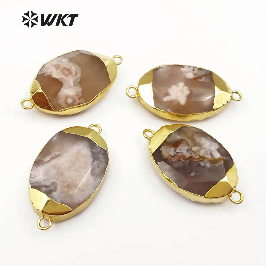 

WT-C253 Gold Capped Oval Shape Natural Cherry Stone With Beautiful Pattern Double Loops Connector For Women Jewelry Making