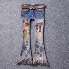 Новое поступление кисточкой печати flare Джинсы женские стрейч цветочные джинсы, женские джинсы Штаны