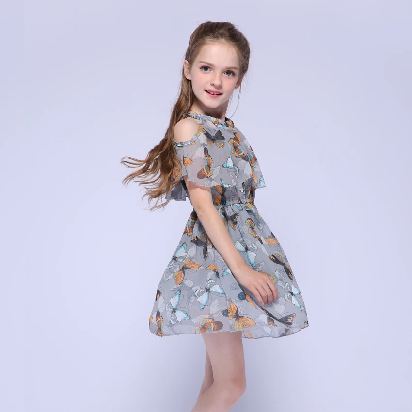 Детские шифоновые платья для девочек, летние платья с открытыми плечами и бабочками, повседневное детское платье с принтом для малышей 2, 8, 10, 12 лет