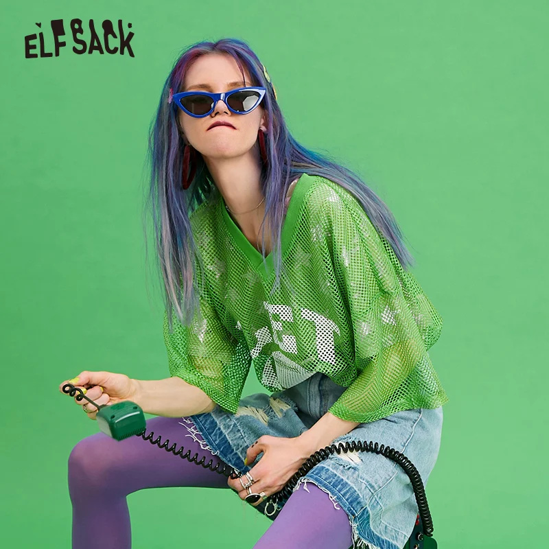 Женский просторный топ ELF SACK, свободный топ с буквенным принтом, с треугольным вырезом, уличные женские футболки, летний