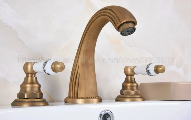 Antique Brass bathroom faucet for hot and cold Mixer tap Sink faucet Double handle 3 hole bathroom basin faucet zan071