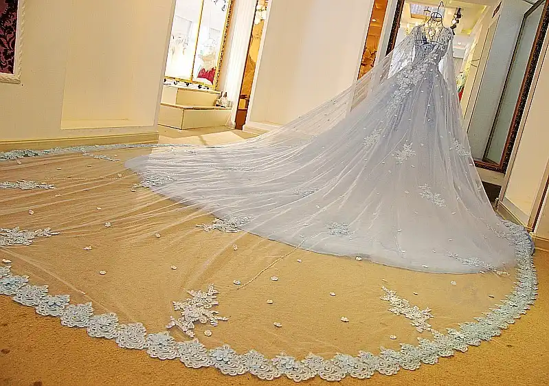 23990 Ice Blue Wedding Dress With Heavy Beading And 3d Flowers