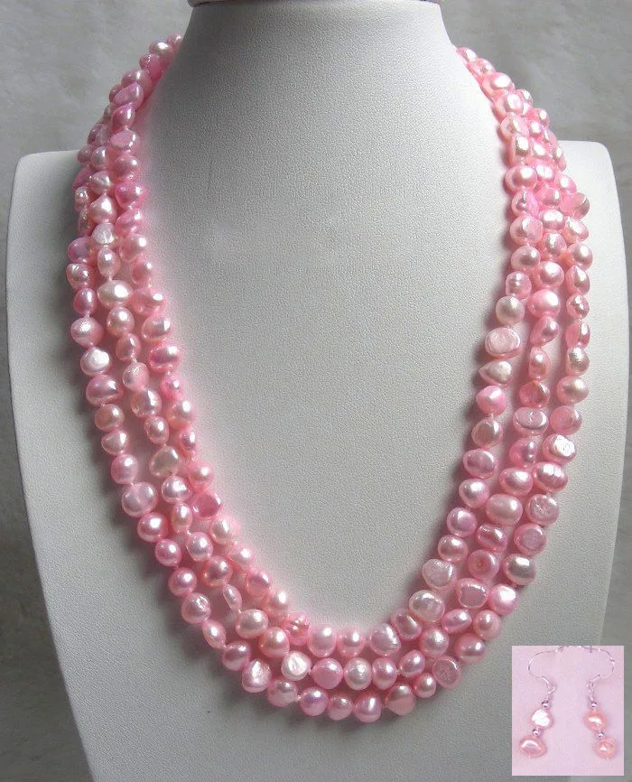 genuine 100% natural 3row 5Color red Natural pearl necklace earring SET