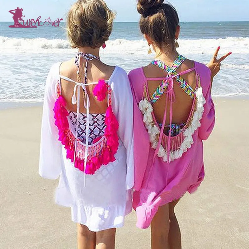 

Lurehooker Sexy Crochet Beach Dress V neck Beach Cover up See through Beachwear Backless Beach Covers 2019 Summer Bathing Suit