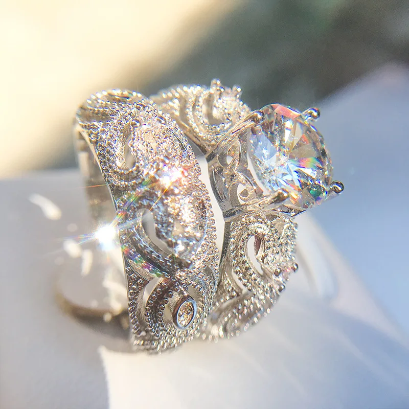 Из 2 предметов белый камень CZ кольцо устанавливает S925 стерлингов Серебряные кольца Свадебные Bague для Для женщин пара вечерние кольцо для