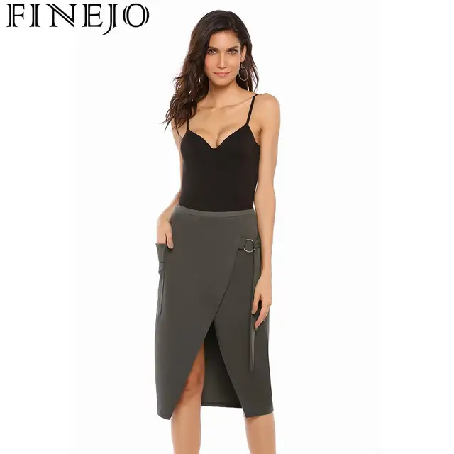 FINEJO with Faux Wrap Elastic Waist Tie Up Solid Casual Midi Skirt Women Pocket