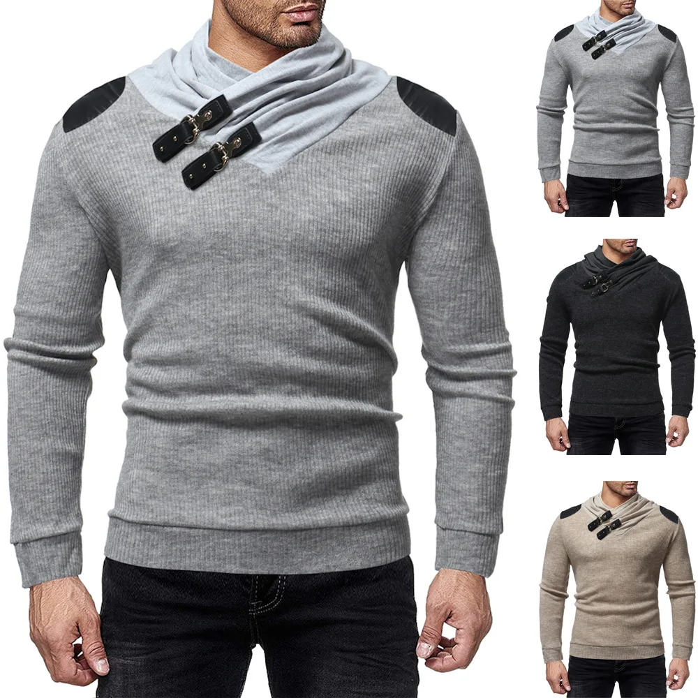 

2019 the new hot style of men's men's leather buckle decorative pure color leisure collar long-sleeved clothes