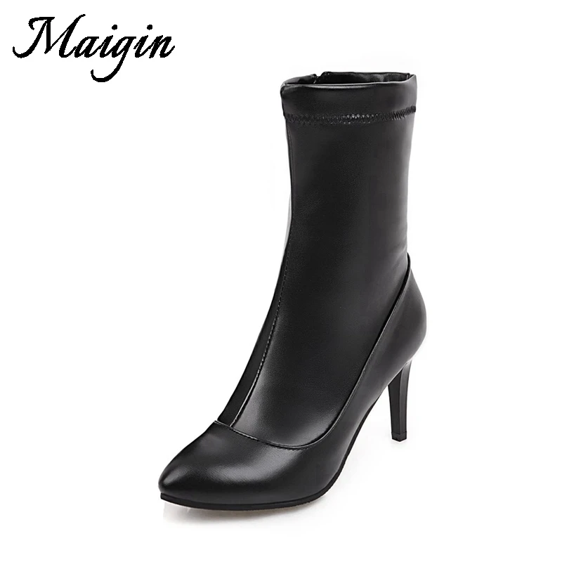 Maigin Black Stiletto Ankle Women Boots Pointed Toe High Heels Footwear 2018 Big Size 34-43 Booties Short Plush Female Shoes