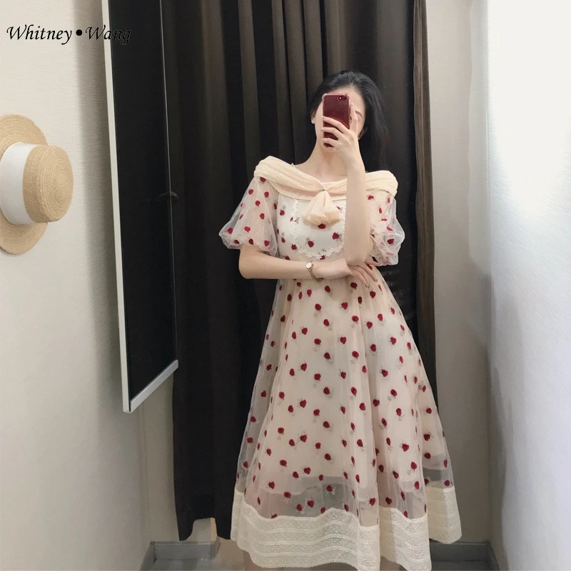 

WHITNEY WANG Summer Dress 2019 Fashion Vintage Style Salsh neck Florals Embroidery Mesh Dress Women Sweet Girls Dresses