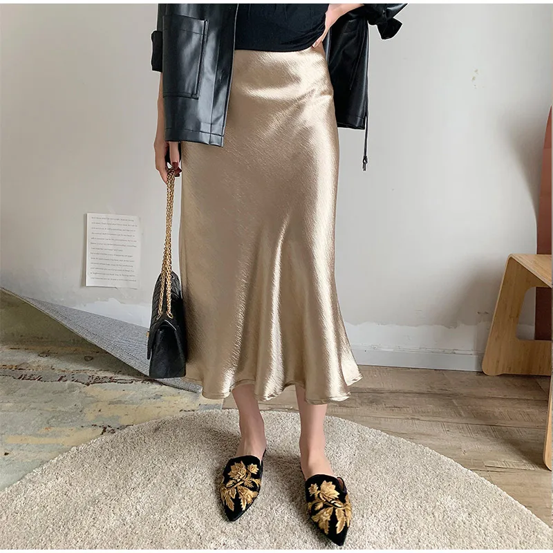 Глянцевые атласные трубы женские длинные юбки с высокой талией повседневные однотонные женские юбки 2019 модные летние Серебряные