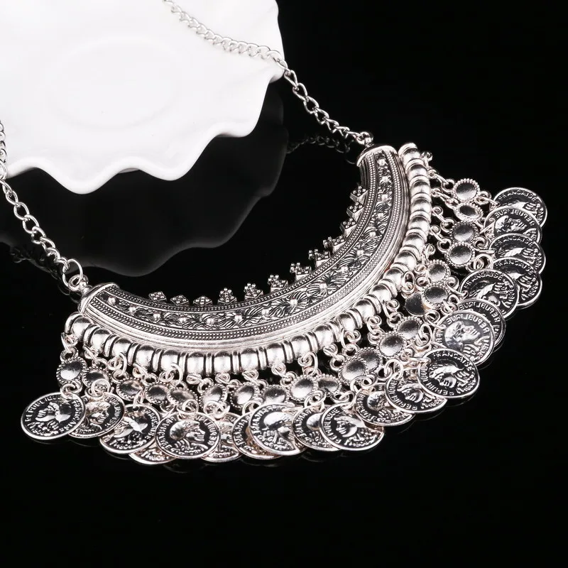 Винтажное Золотое серебряное длинное массивное ожерелье s& Кулоны, женское богемное ожерелье с монетами, женское колье, колье, женское ювелирное изделие
